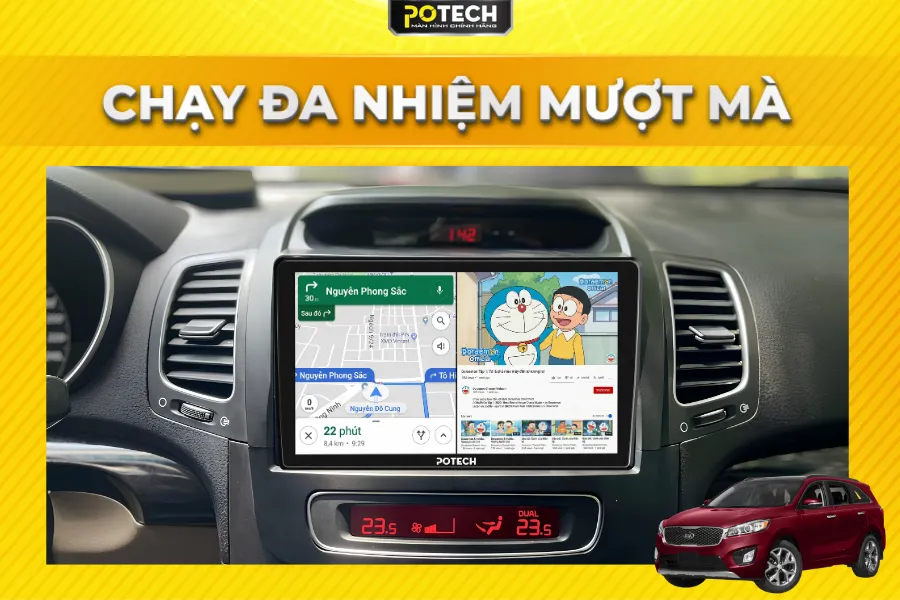 Chạy đa nhiệm tr&ecirc;n m&agrave;n h&igrave;nh Android Potech cho xe Kia Sorento