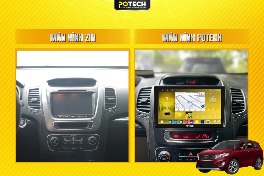 Trước & sau khi n&acirc;ng cấp m&agrave;n h&igrave;nh Android Potech cho xe Kia Sorento