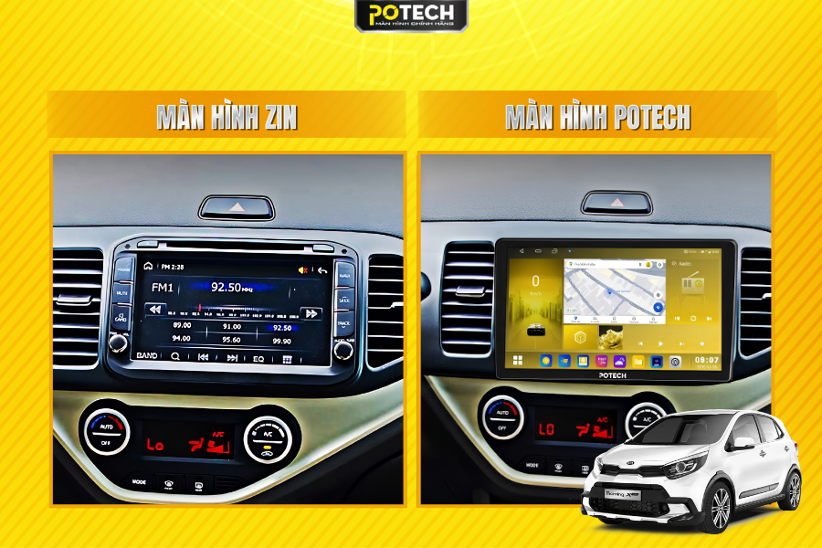 So s&aacute;nh m&agrave;n h&igrave;nh zin v&agrave; m&agrave;n h&igrave;nh Android Potech cho xe Kia Morning