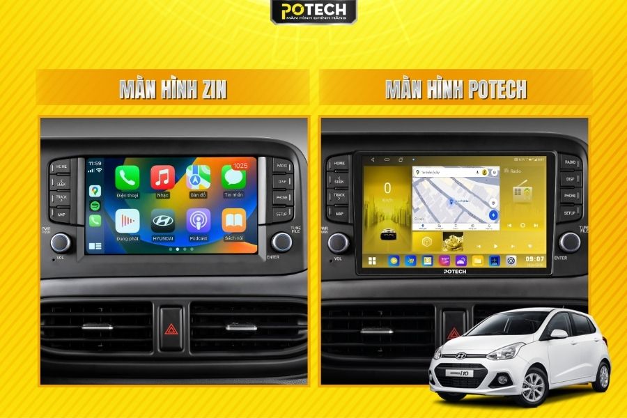 So s&aacute;nh m&agrave;n h&igrave;nh zin v&agrave; m&agrave;n h&igrave;nh Android Potech cho xe Hyundai Grand i10
