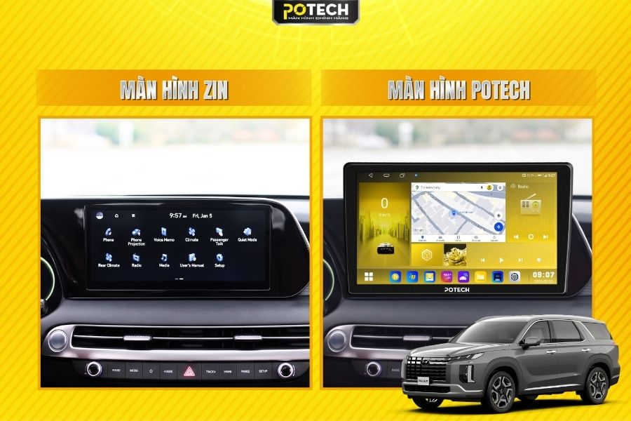 So s&aacute;nh m&agrave;n h&igrave;nh zin v&agrave; m&agrave;n h&igrave;nh Android Potech cho xe Hyundai Palisade