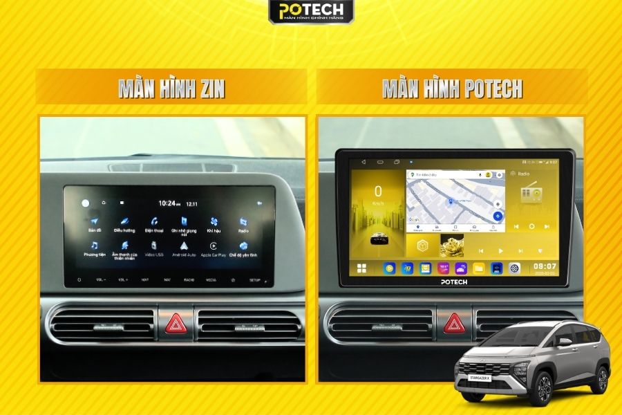 So s&aacute;nh m&agrave;n h&igrave;nh zin v&agrave; m&agrave;n h&igrave;nh Android Potech cho xe Hyundai Stargazer