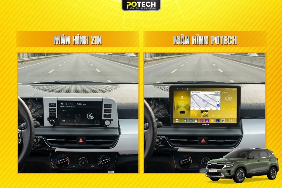 Trước v&agrave; sau khi n&acirc;ng cấp m&agrave;n h&igrave;nh Android Potech cho xe Kia Seltos