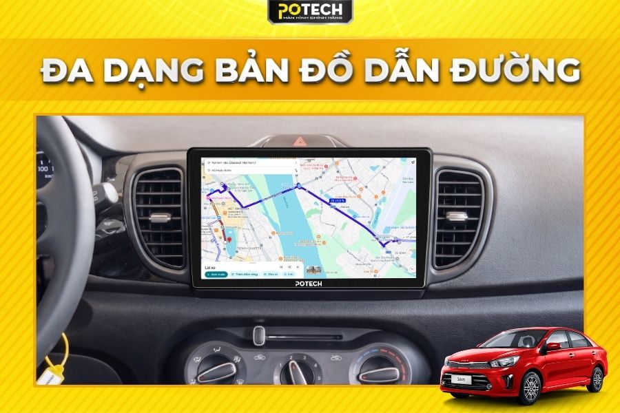 M&agrave;n h&igrave;nh Android Potech cho xe Kia Soluto t&iacute;ch hợp đa dạng ứng dụng dẫn đường