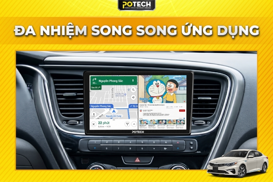 M&agrave;n h&igrave;nh Android Potech cho xe Kia Optima đa nhiệm chia đ&ocirc;i ứng dụng
