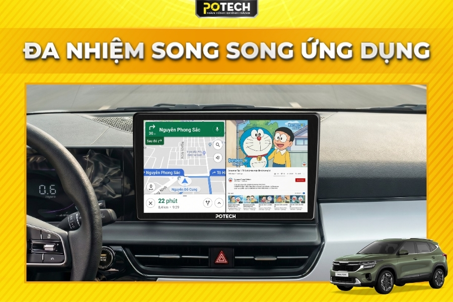 M&agrave;n h&igrave;nh Android Potech cho xe Kia Seltos đa nhiệm chia đ&ocirc;i ứng dụng