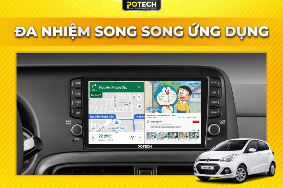 T&iacute;nh năng chia đ&ocirc;i m&agrave;n h&igrave;nh tr&ecirc;n m&agrave;n h&igrave;nh Android Potech cho xe Hyundai Grand i10
