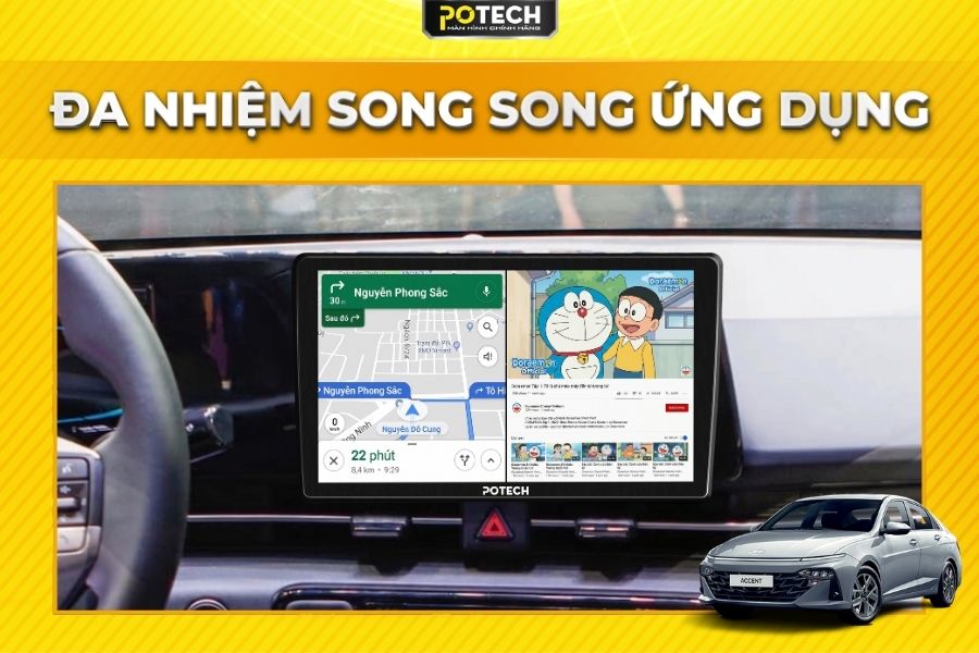 Trải nghiệm đa nhiệm tr&ecirc;n m&agrave;n h&igrave;nh Android Potech cho xe Huyndai Accent