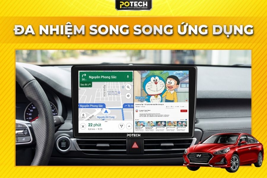 Khả năng đa nhiệm chia đ&ocirc;i tr&ecirc;n m&agrave;n h&igrave;nh Android Potech cho xe Hyundai Sonata