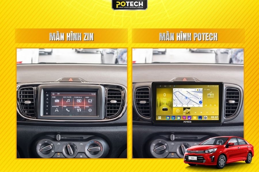 So s&aacute;nh trước v&agrave; sau khi lắp đặt M&agrave;n h&igrave;nh Android Potech cho xe Kia Soluto