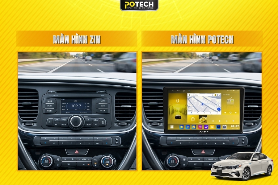 Trước v&agrave; sau khi n&acirc;ng cấp M&agrave;n h&igrave;nh Android Potech cho xe Kia Optima